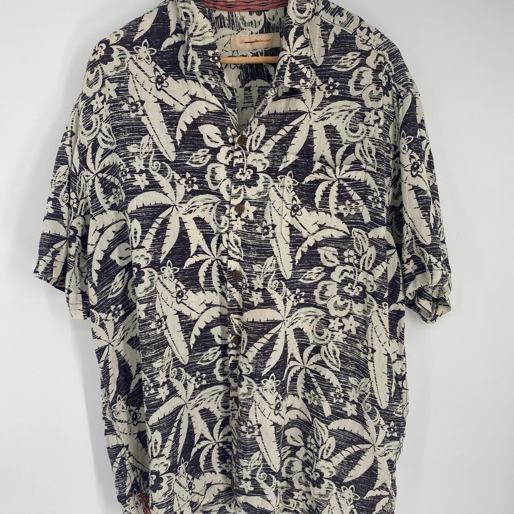 Tommy Bahama Top Mens XL Linen Black & Tan Tropical Floral Palms Cruise Vacation